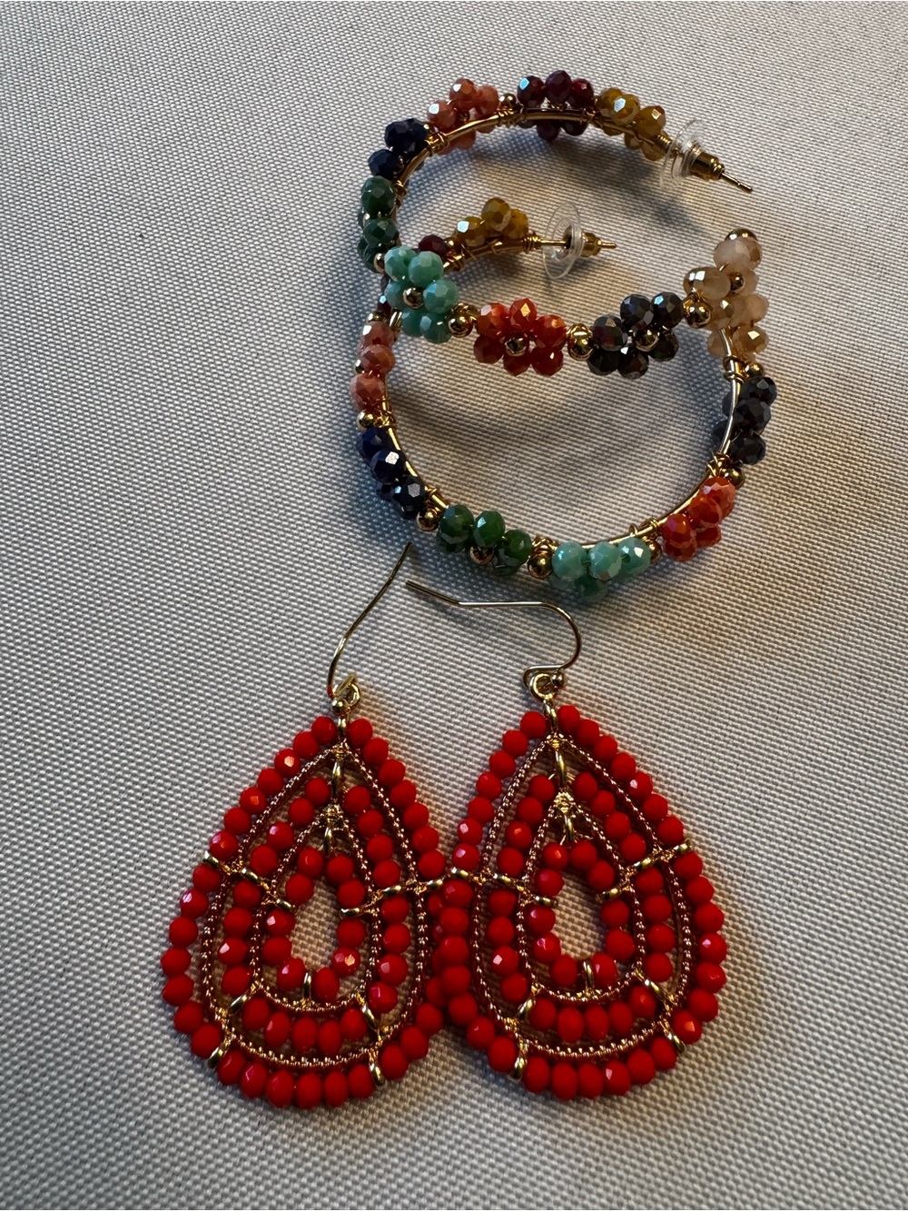 Multicolor Beaded Hoop Earrings & Red Beaded Teardrop Dangle Set